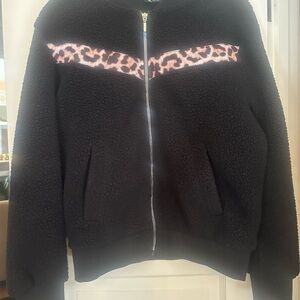 Zyia Black Fleece Jacket with Leopard Accent